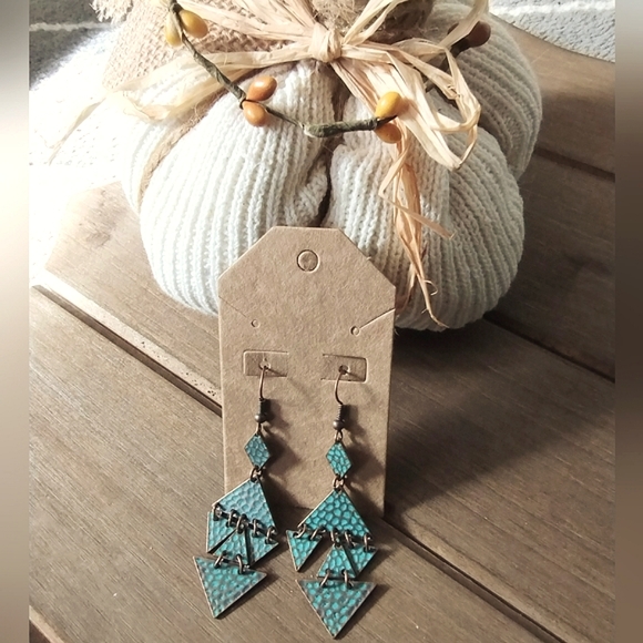 Sculptural, Triangular Tiered Copper tone Dangle Earrings - Picture 7 of 11